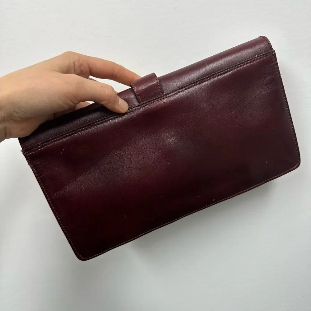 Vintage 70’s Burgundy Brown Leather Clutch Wallet Purse Rectangle Snap Closure